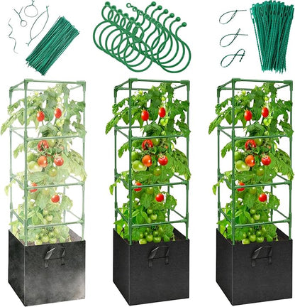 3 Pack Tomato Cages with 17 Gallon Grow Bags - 48 Inch Square Plant Support Trellis Tomato Planter Pots Kit - Garden Stakes for Vertical Climbing Plants Vegetable Flower Fruit Outdoor Indoor