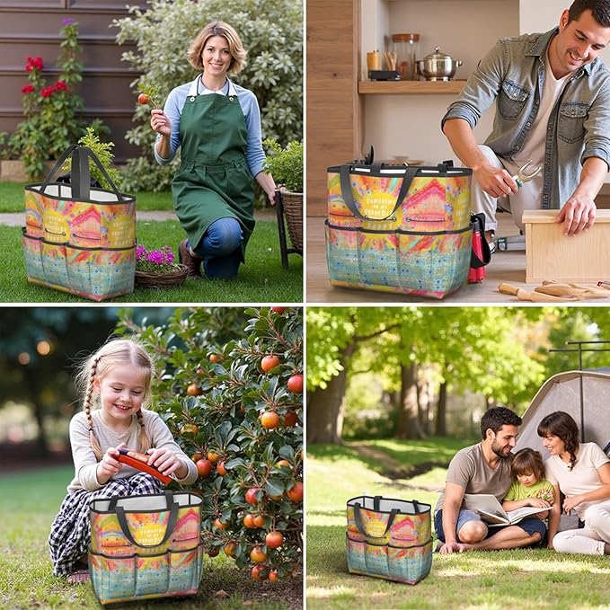 Boho Garden Tool Bag - Waterproof Floral Garden Tote with 8 Pockets, Large Storage Home Organizer Gardening Tool Oxford Bag for Garden Tools Kits Holder, Ideal Outdoor Gardening Gift for Women & Men