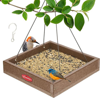 Kingsyard WPC Composite Platform Bird Feeder for Outside, Heavy Duty Hanging Tray for Mealworms & Seeds, 3.5 lbs Large Capacity, Weatherproof Recycled Plastic Material, Easy to Clean, Brown