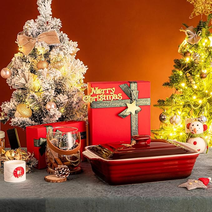 LOVECASA 4.5 Quart Ceramic Casserole Dish with Lid – Oven, Microwave & Dishwasher Safe Bakeware for Family Meals, Lasagna, Roasting, Rectangular Stoneware 9x13 Baking Pan, Gradient Red