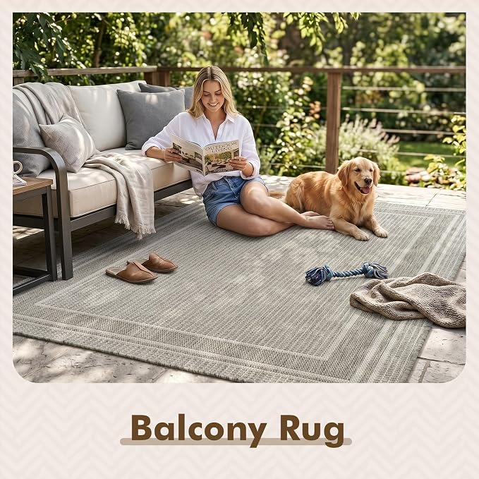 MontVoo-Outdoor Rug-Patio Rug 6x9 ft Polypropylene Indoor Outdoor Rugs Outdoor Carpet for Patio Deck Balcony Porch, Textured Weave, Durable for High Traffic, Fade-Resistant, Modern Silver Grey