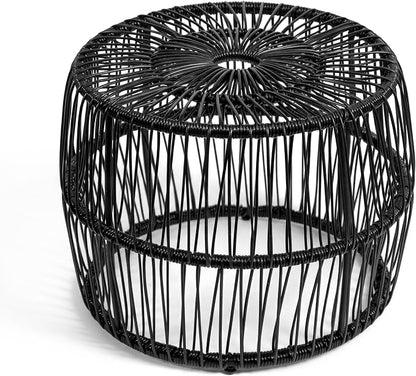 Furniture of America Ysar Boho Rattan Round Coffee Table Outdoor with Metal Frame, All-Weather and Rust Resistant, Handcrafted Coastal Furniture for Patio, Poolside, Garden, Yard, Black