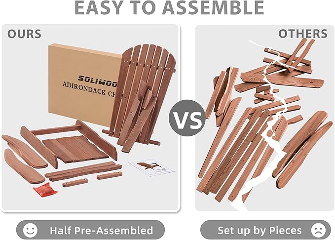 SoliWood Outdoor Wooden Folding Adirondack Chair Set of 4 with Pre-Assembled BackRest, Wood Patio Chair for Garden Backyard Porch Pool Deck Firepit