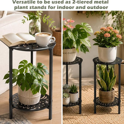 1 Pack 2-Tier Metal Round Side Table Black Accent Coffee Tables Small Space Corner Plant Stand Shelf for Indoor Outdoor Use Patio Balcony End Table Laser-Cut Floral Pattern Weather-Resistant