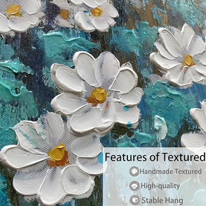 Arjun Flower Wall Art for Living Room, Teal Bedroom Canvas Daisy Floral Painting Landscape Picture Artwork Extra Large Textured Office Home Dining Room Kitchen Wall Decor 58"x29"