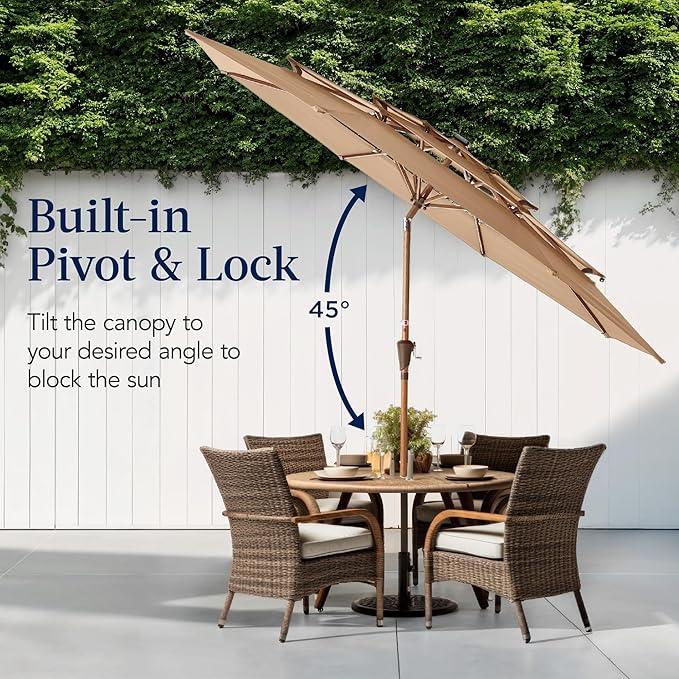 Best Choice Products 10ft 3-Tier Solar Patio Market Umbrella, Outdoor Sun Shade for Backyard, Deck, Poolside, Table w/Woodgrain Pattern, LED Lights, Tilt Adjustment - Tan