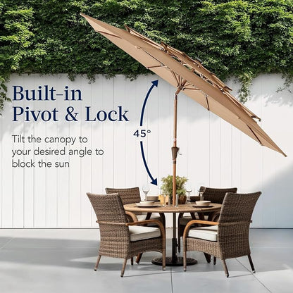 Best Choice Products 10ft 3-Tier Solar Patio Market Umbrella, Outdoor Sun Shade for Backyard, Deck, Poolside, Table w/Woodgrain Pattern, LED Lights, Tilt Adjustment - Tan