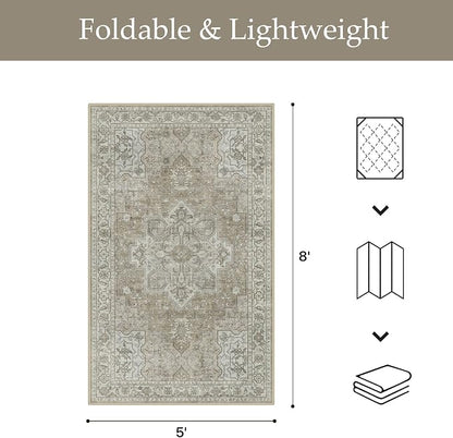 GENIMO Outdoor & Indoor Area Rug 5'x8', Waterproof, Non-Shedding, Easy Cleaning, Boho Mat for Patio, Living Room, Balcony, Dining Room, RV, Deck, Bedroom, Camping, Outside Carpet,Coffee Beige