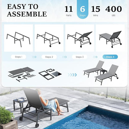 UDPATIO 3 PCS Patio Lounge Chair Outdoor Chaise Lounges with Wheels & Side Table 5-Position Reclining Rust Free Patio Chairs for Poolside Backyard Garden Deck Beach