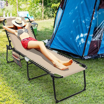 Giantex Patio Lounge Chairs for Outside - Set of 2 Folding Tanning Chair w/Headrest, 4 Adjustable Positions, Side Pocket, Outdoor Chaise Lounge for Camping, Pool, Sunbathing Beach Chair, Beige