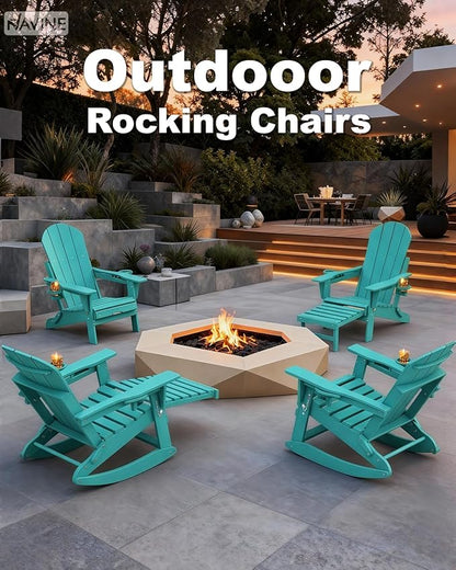 Adirondack Rocking Chairs Set of 4 with Retractable Ottoman, All Weather Folding Adirondack Chair with Two Cup Holders, Adirondack Outdoor Rocking Chairs for Porch, Patio, Balcony. Lake Blue