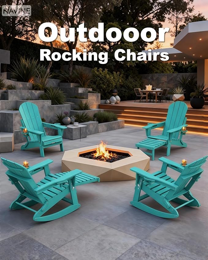 Adirondack Rocking Chairs Set of 2 with Retractable Ottoman, All Weather Folding Adirondack Chair with Two Cup Holders, Adirondack Outdoor Rocking Chairs for Porch, Patio, Balcony. Lake Blue