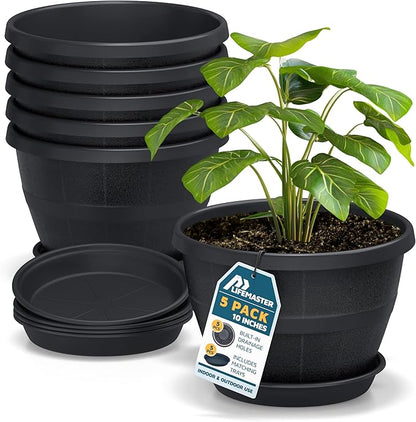 10-Inch Whiskey Barrel Planters Outdoor Pack of 5 - Durable Plastic Plant Pots for Indoor & Outdoor Use with Drainage & Saucer, Lightweight Rustic Barrel Planters for Flowers, Herbs & Small Plants