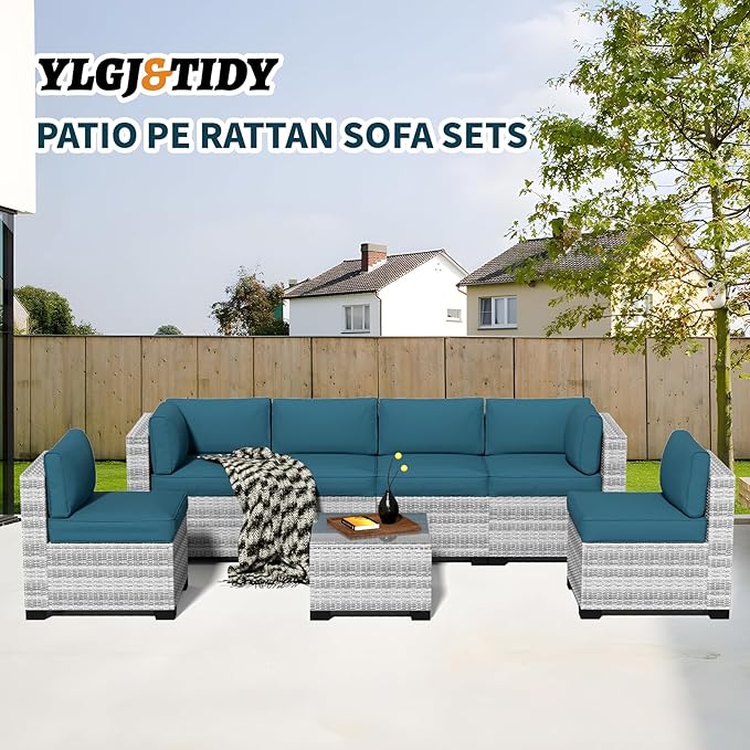 7-Piece Outdoor Sectional Patio Furniture Set, All-Weather Wicker Rattan Sofa w/Thick Washable Cushions & Tempered Glass Table, Perfect for Garden, Poolside, Backyard (7, Graywhite&Peacock Blue)