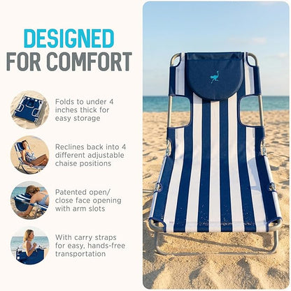 Ostrich Beach Lounge Chair, Folding & Reclining Outdoor Chaise Lounger, Blue/White Striped - Portable Adjustable Recliner Chair for Lawn, Pool, Patio, Garden, and Yard