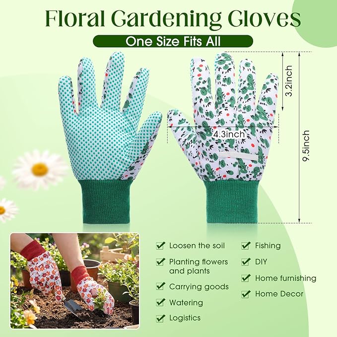 Garden Gloves for Women 9.5" Floral Gardening Gloves Lightweight and Machine Washable Gift for Gardeners PVC Grip