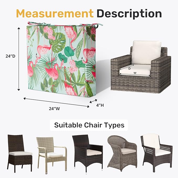 UNIKOME Outdoor Chair Cushions Pack of 4, Water Resistant Patio Cushions with Ties, High Density Sponge Filling Square Corner Seat Cushions for Outdoor Furniture, 24"*24"*4", Flamingos