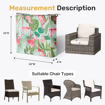 UNIKOME Outdoor Chair Cushions Pack of 4, Water Resistant Patio Cushions with Ties, High Density Sponge Filling Square Corner Seat Cushions for Outdoor Furniture, 24"*24"*4", Flamingos