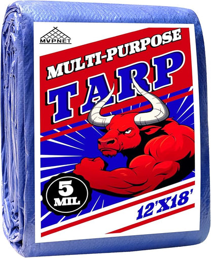 Tarp 12x18 ft 100% Waterproof Uv Resistant High Durability Multipurpose 5mil Blue Tarp for Covering Courtyards, Cars, Camping, Gardens, Pet Nests -by MVPNET