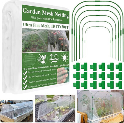 Garden Mesh Netting Kit, Plant Covers 10x30Ft Ultra Fine Mesh Netting & 6Pcs Garden Hoops &18 Clip, Garden Netting Kit for Raised Beds Plants Pest Barrier Greenhouse Row Cover Animal Protection Net