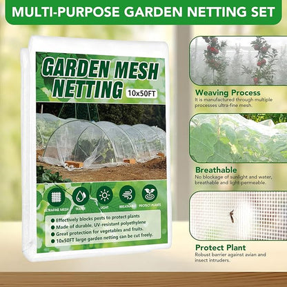 Garden Netting Kit for Raised Beds, 10x50FT Ultra Fine Mesh Netting ＆6 Sets Fiberglass Garden Hoops, Insect Netting for Garden Plant Row Cover Vegetable Flowers Protection Barrier