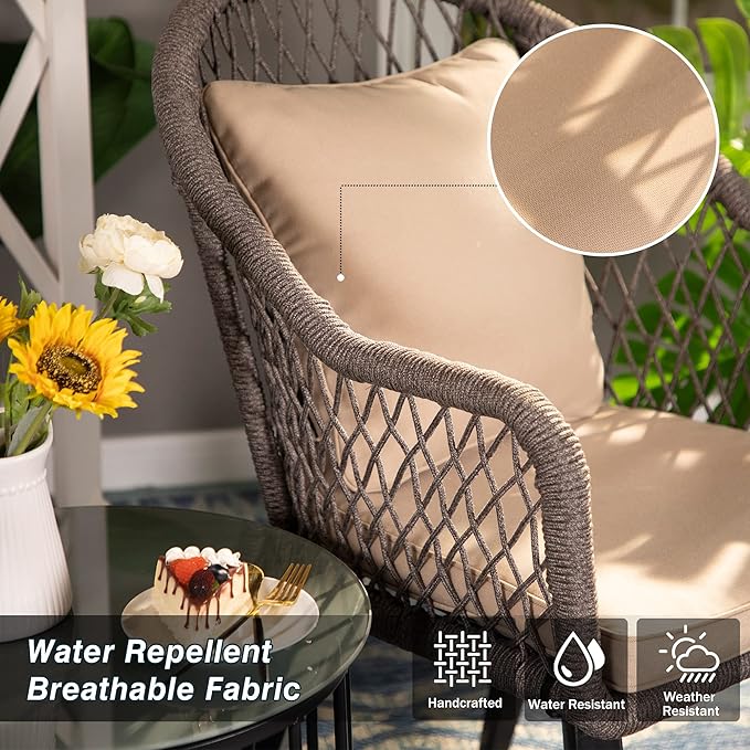 PHI VILLA 3 Pieces Patio Conversation Bistro Set, 2 Hand-Woven Olifin Rope Cushioned Chairs and 1 Glass Top Coffee Table Outdoor Furniture Set for Porch, Backyard - Grey with Beige Cushion