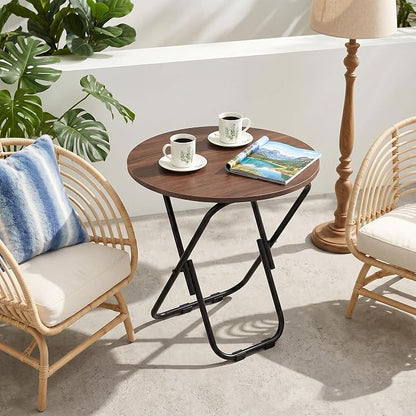VECELO 17.7" Small Folding Table Set of 2,Round Patio Outdoor Side Table, Foldable Wooden Table with Weather Resistant Steel Frame, Patio Table for Camping Picnic Garden Small Space