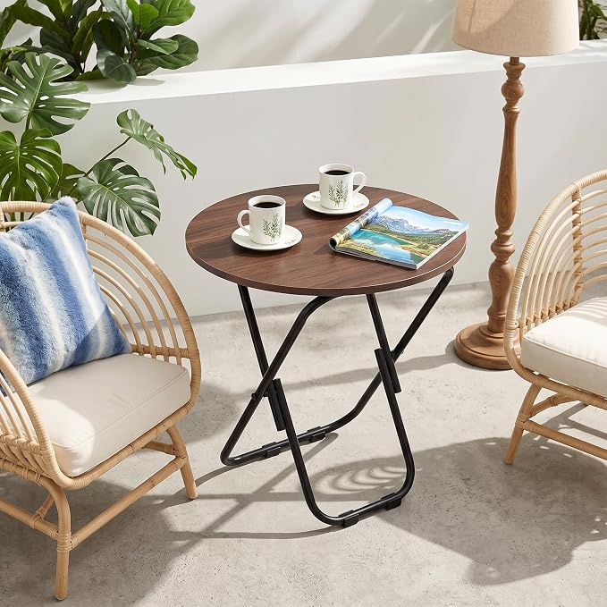 VECELO Patio Outdoor Side Table Set of 2,17.7 inch Small Folding Table Round Waterproof Wood Table,Foldable Anti-Rust Metal Legs Snack Desk for Garden Balcony,Yard,Living Room