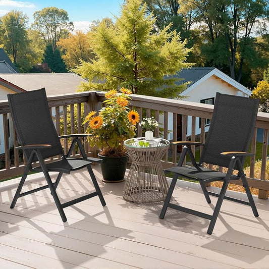 Crestlive Products Folding Patio Chairs Set of 2, 8-Level Adjustable Outdoor Recliner Chairs with Teak Armrest Aluminium Frame for Pool, Backyard, Black