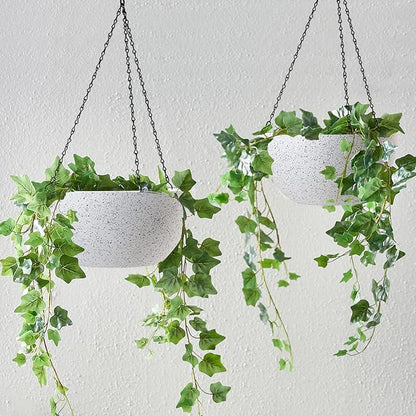 WOUSIWER 13 inch 2Pack Large Hanging Planters for Outdoor Indoor Plants with Drainage Holes and Chain, Round Hanging Flower Pots for Garden Home Porch Decor, White Speckles