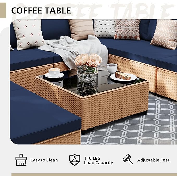 UPHA 9 Pieces Patio Furniture Sets Outdoor Sectional Sofa Wicker Conversation Couch for Decks, Backyards, Gardens, Yellow Rattan, Navyblue Cushion