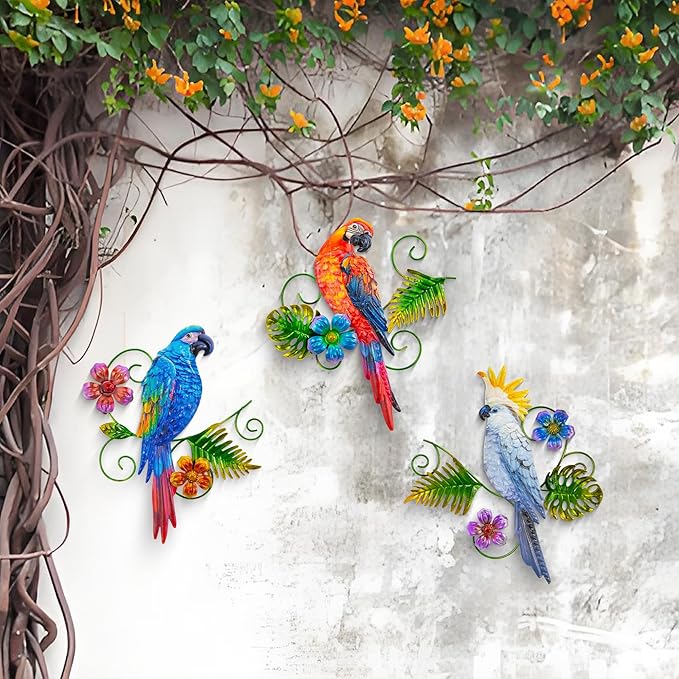 Metal Colorful Parrots Wall Art, 12 Inches Parrot Large Hanging Outside Decoration 3 Pack, Metal Bird Wall Christmas Decoration Gift, Decor Outdoor Decorations for Yard, Garden Ornaments Patio Outside Porch Christmas Decor
