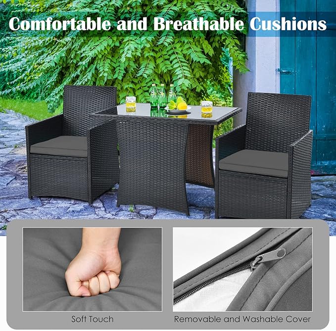 HAPPYGRILL 3 Piece Outdoor Wicker Bistro Set PE Rattan Dining Table Set with Cushioned Chairs, Patio Conversation Set for Backyard Porch Garden and Poolside