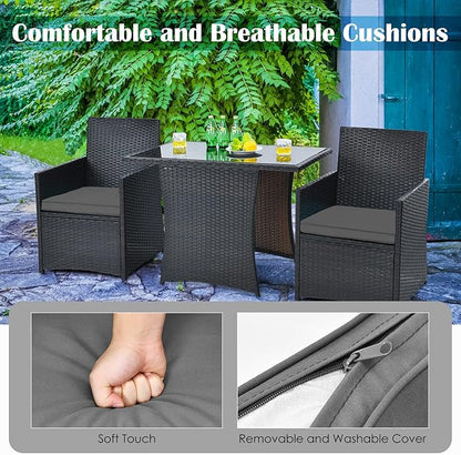 HAPPYGRILL 3 Piece Outdoor Wicker Bistro Set PE Rattan Dining Table Set with Cushioned Chairs, Patio Conversation Set for Backyard Porch Garden and Poolside