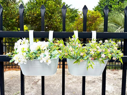 12" Balcony Railing Planters, Outdoor Hanging Planter for Fence, Stylish Metal Porch Deck Flower Pot for Herbs & Succulents (White, Pack of 6)