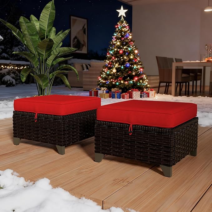VistaVibe 2 Pieces Patio Wicker Ottomans, Luxurious Footstools, Outdoor Small Footrest, Wicker Furniture with Removable Cushions,All-Weather PE Rattan, Garden, Backyard, Porch(Brown/Red)
