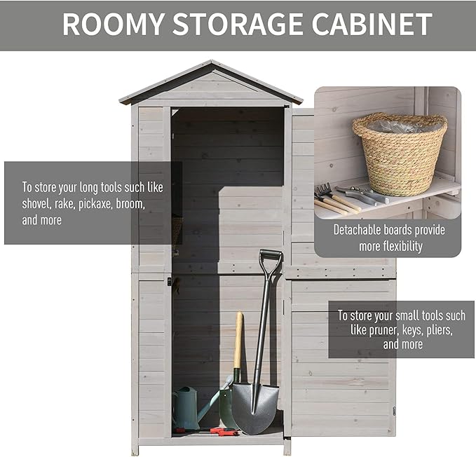 Outsunny 36" x 25" x 79" Wooden Storage Shed Cabinet, Outdoor Tool Shed Organizer with 4-Tier, 3 Shelves with Handle Tin Roof Magnetic Latch Foot Pad, Light Grey