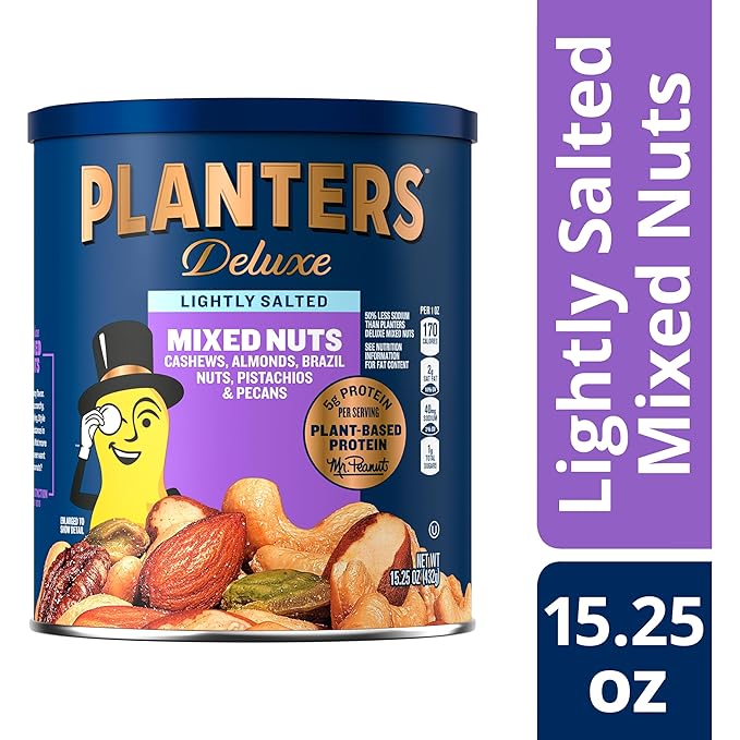 PLANTERS Deluxe Mixed Nuts, Cashews, Almonds, Brazil Nuts Mix, Pistachios, Pecans, Lightly Salted, Snacks for Adults and Kids, Party Snack, 15.25oz (Pack of 2)
