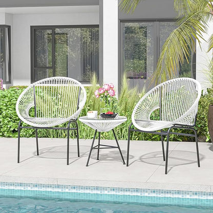 COSTWAY 3-Piece Outdoor Acapulco Chair Set, Wicker Conversation Bistro Sets with Plastic Rope, Glass Top Table, Patio Rattan Furniture Set for Garden, Balcony, Lawn, Backyard, Apartment, White