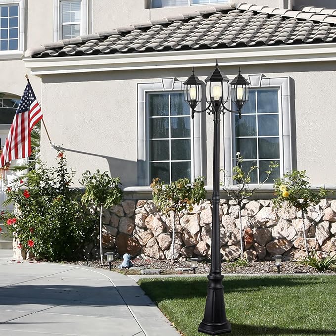 85 Inch 3-Head Lamp Posts Outdoor Lighting for Backyard Garden 3-Light Outdoor Post Lantern 85” Aluminium Alloy Outside Street Light with Clear Glass Shade,Driveway Light,E26(Bulbs Not Included)