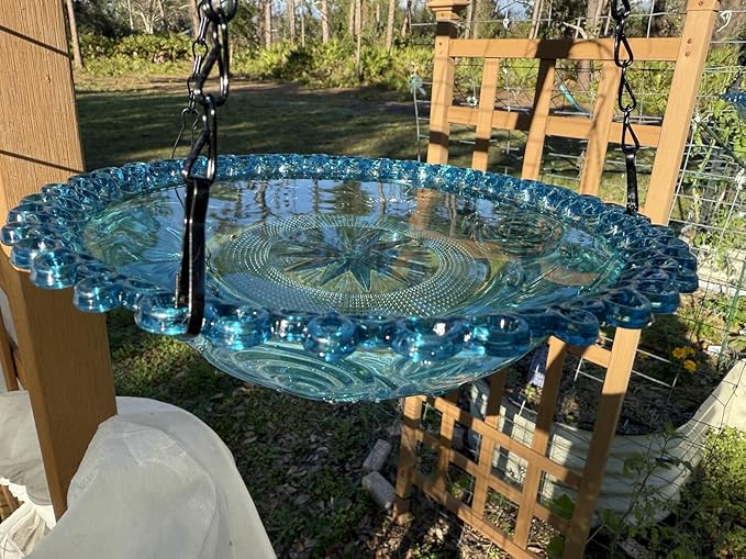 2 Pack Hanging Plastic Bird Baths and Feeders Set for Outdoors, Bird Water Bowls & Seed Trays to Attract Wild Birds, Garden Yard Decor Gift, Blue