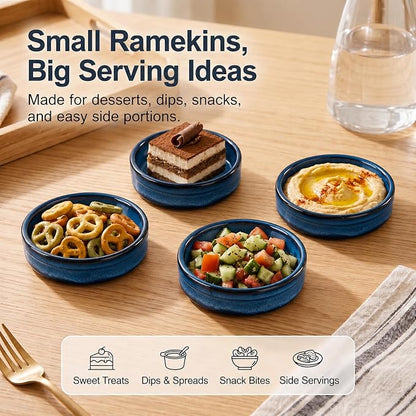 ONEMORE Creme Brulee Ramekins 4 oz Ceramic Ramekin Set of 14, Oven Safe Baking Ramekins, Small Sauce Dishes, Stackable Blue Custard Cups, Dishwasher Microwave Safe