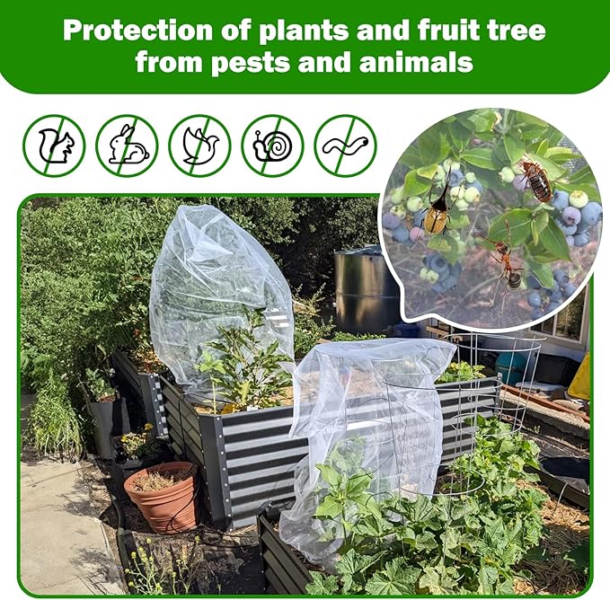 2 PCS Fruits Tree Netting Cover for Garden 3.3 x 4.9 ft Garden Insect Bird Barrier Plant Netting for Tomato Blueberry Bush Netting Covers Deer Cicada Netting Cover Bag with Drawstring