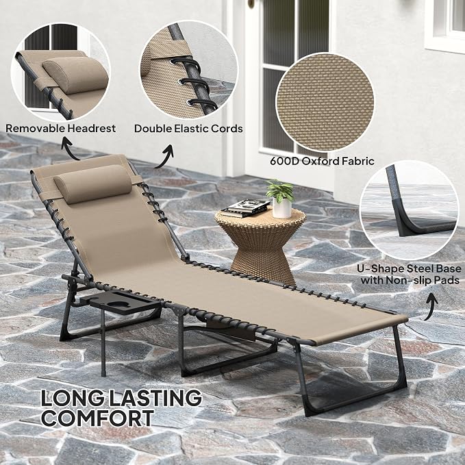 Outsunny Folding Chaise Lounge Chair Outdoor Tanning Chair Beige | Side Table, 5-Level Adjustable Beach Lounger, Headrest, Side Pocket, Patio Backyard Beach Poolside