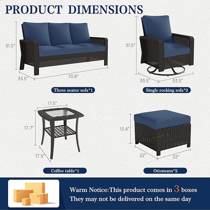 6 Piece Patio Furniture Set,Outdoor Conversation Set with Swivel Rocker Chairs, 3-Seat Sofa, Ottomans and Side Table, Modern Rattan Couch Set for Garden, Deck, Balcony, Navy Blue