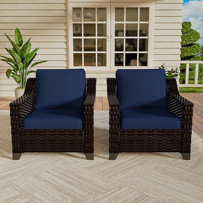 VistaVibe 2 Pieces Outdoor Armchairs, Patio Conversation Furniture Set, Washable Cushions, Luxurious Hand-Woven PE Rattan, Garden, Bistro, Deck, Backyard (Brown/Navy)