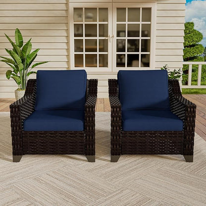 VistaVibe 2 Pieces Outdoor Armchairs, Patio Conversation Furniture Set, Washable Cushions, Luxurious Hand-Woven PE Rattan, Garden, Bistro, Deck, Backyard (Brown/Navy)