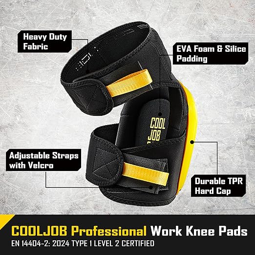 COOLJOB Professional Knee Pads with Heavy Duty Anti-Slip Cap, Comfortable Foam Cushion and Extra Thick Gel Padding for Construction Flooring, Reinforced & Adjustable Straps, Yellow
