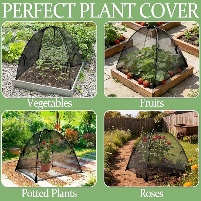 22"x22"x22" Plant Cover with 4 Stakes - Black Mesh Cloche for Garden & Potted Plants - Insect & Bird Netting for Vegetables, Seedlings on Raised Bed, Patio, Balcony