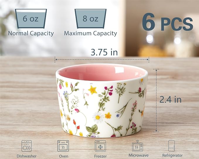 ONEMORE 6 oz Ramekins Oven Safe, Floral Ceramic Ramekin Set of 6 Pink Ramekins for Baking & Serving, Creme Brulee Dishes, Custard Pudding Souffle Cups, Small Dessert Bowls for Oven, Air Fryer